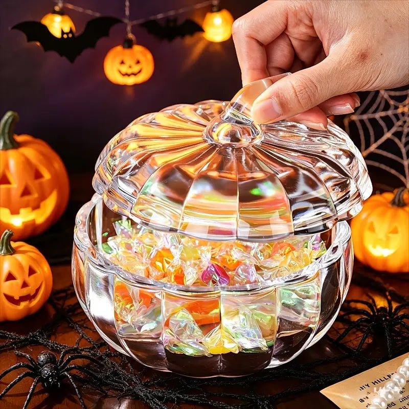 Textured Glass Pumpkin Cookie Dish — Lidded Autumn Storage Jar