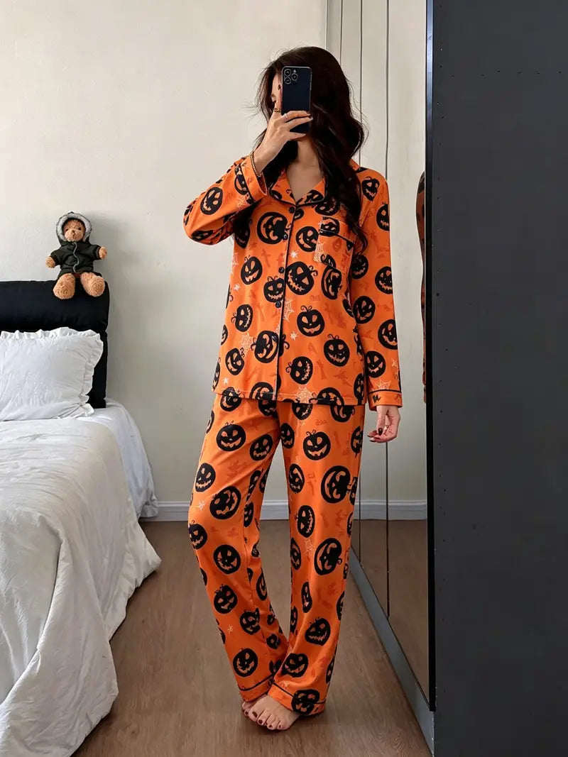 Halloween Button-Down Pajama Set — Long Sleeve & Pant Sleepwear Set