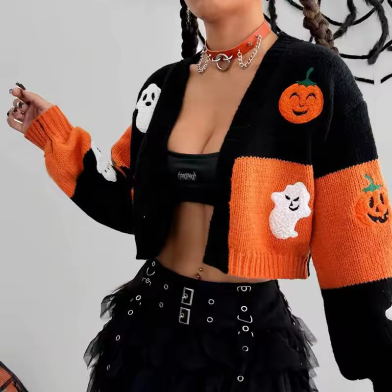 Halloween Cropped Knit Cardigan — Pumpkin & Ghost Patchwork Sweater