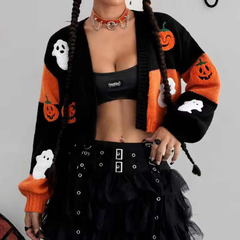Halloween Cropped Knit Cardigan — Pumpkin & Ghost Patchwork Sweater