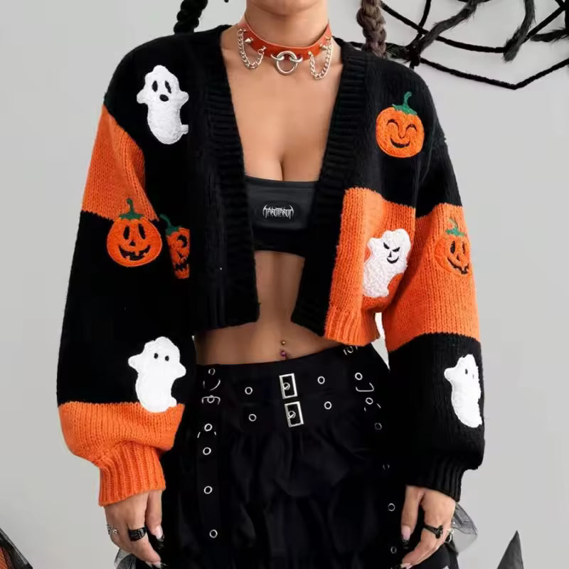 Halloween Cropped Knit Cardigan — Pumpkin & Ghost Patchwork Sweater