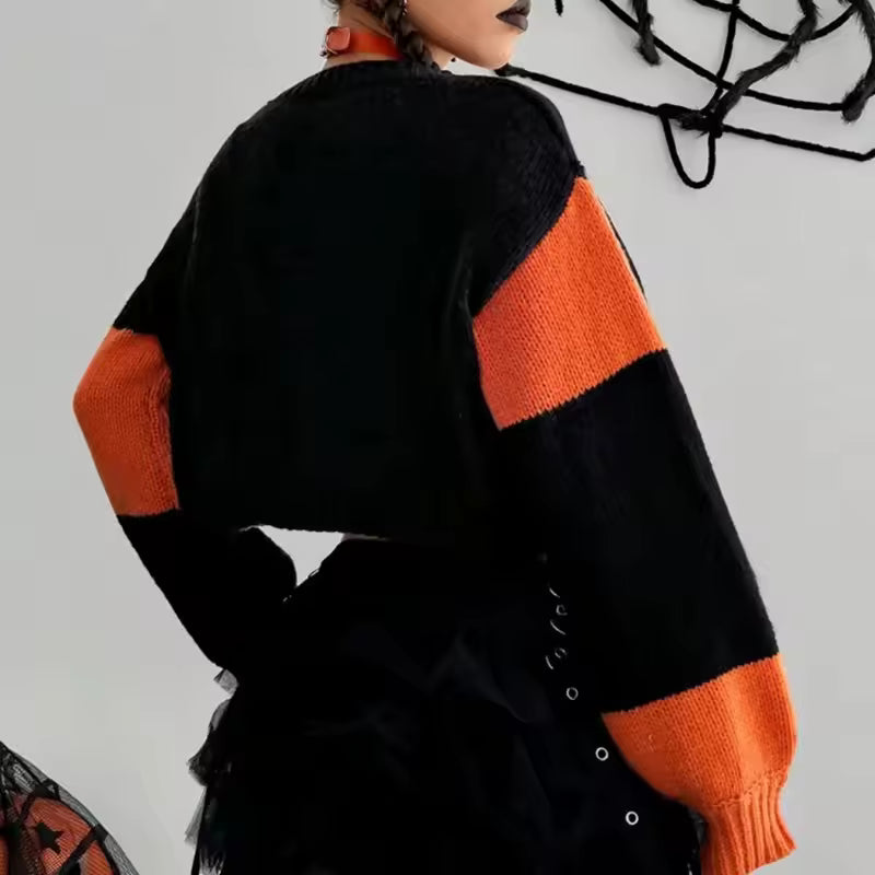 Halloween Cropped Knit Cardigan — Pumpkin & Ghost Patchwork Sweater