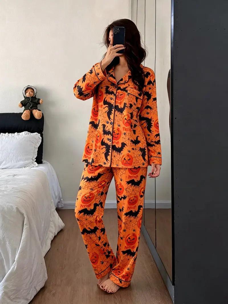 Halloween Button-Down Pajama Set — Long Sleeve & Pant Sleepwear Set