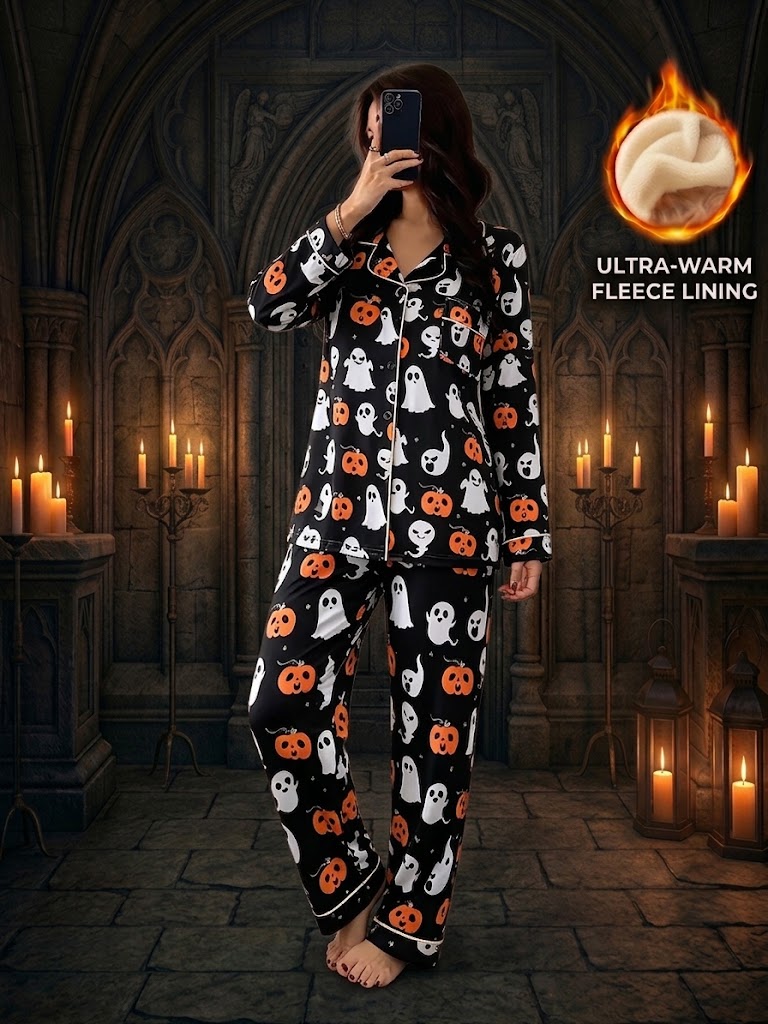 Halloween Button-Down Pajama Set — Long Sleeve & Pant Sleepwear Set