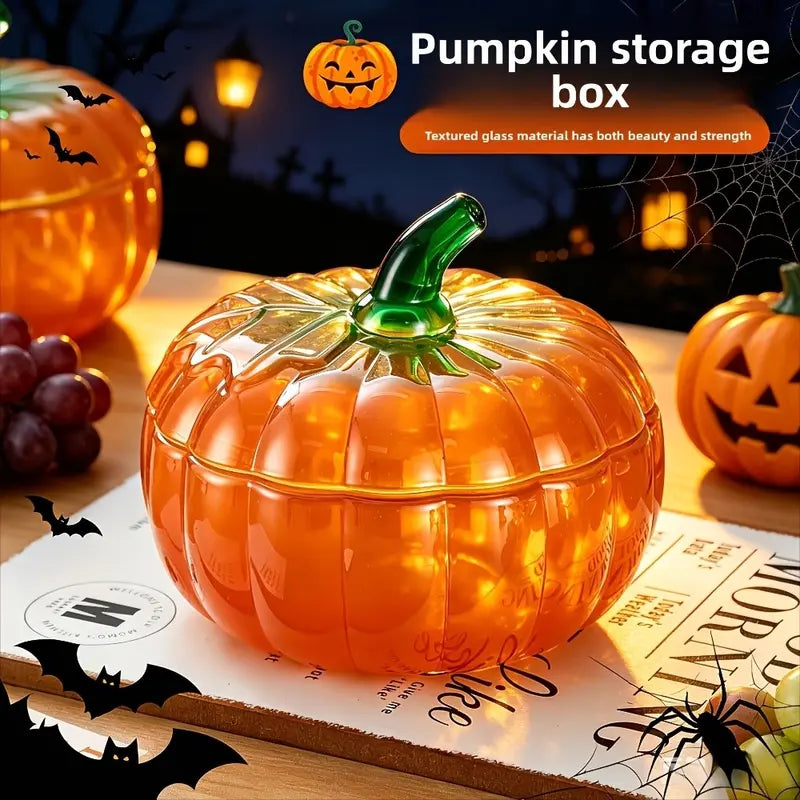 Textured Glass Pumpkin Cookie Dish — Lidded Autumn Storage Jar
