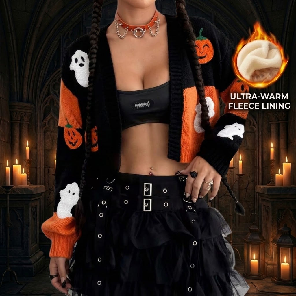 Halloween Cropped Knit Cardigan — Pumpkin & Ghost Patchwork Sweater