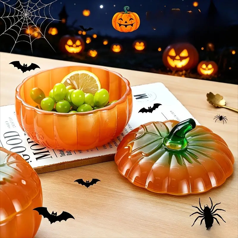 Textured Glass Pumpkin Cookie Dish — Lidded Autumn Storage Jar
