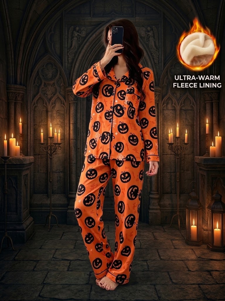 Halloween Button-Down Pajama Set — Long Sleeve & Pant Sleepwear Set