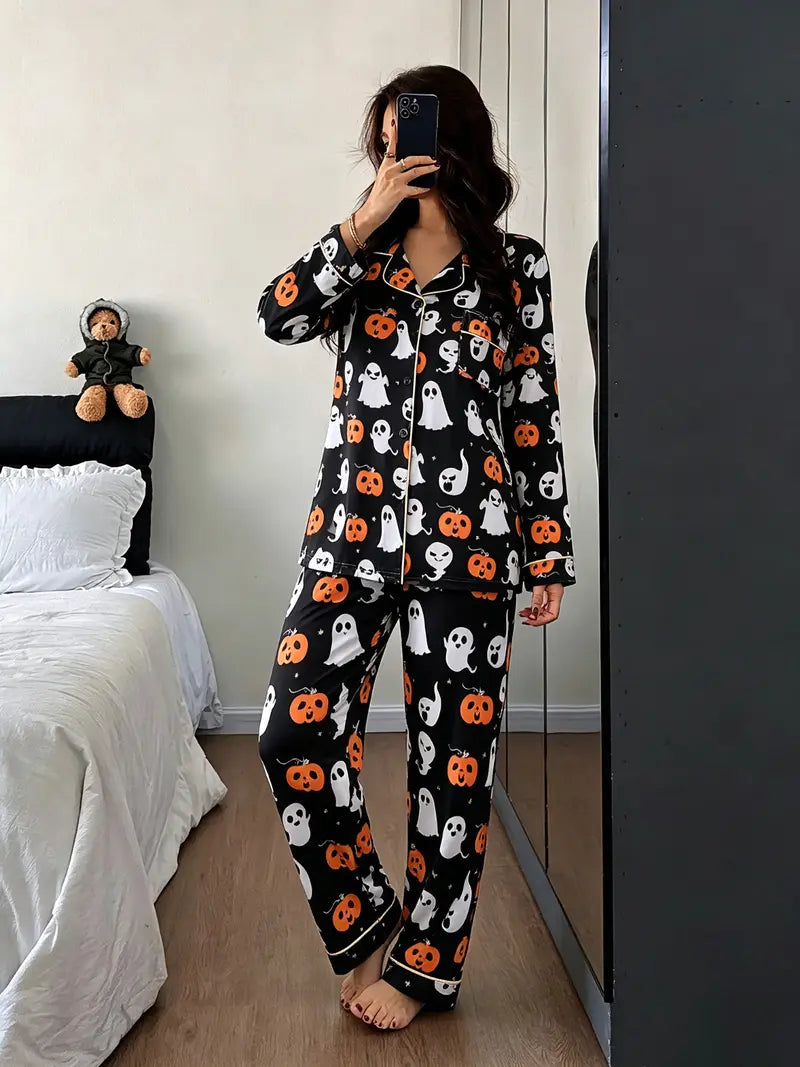 Halloween Button-Down Pajama Set — Long Sleeve & Pant Sleepwear Set
