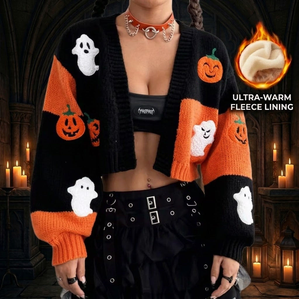 Halloween Cropped Knit Cardigan — Pumpkin & Ghost Patchwork Sweater