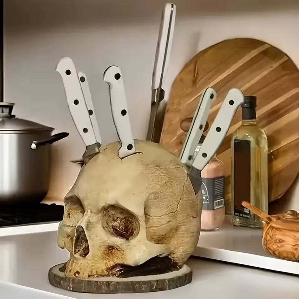 Skull-Shaped Knife Holder — Gothic Kitchen Decor
